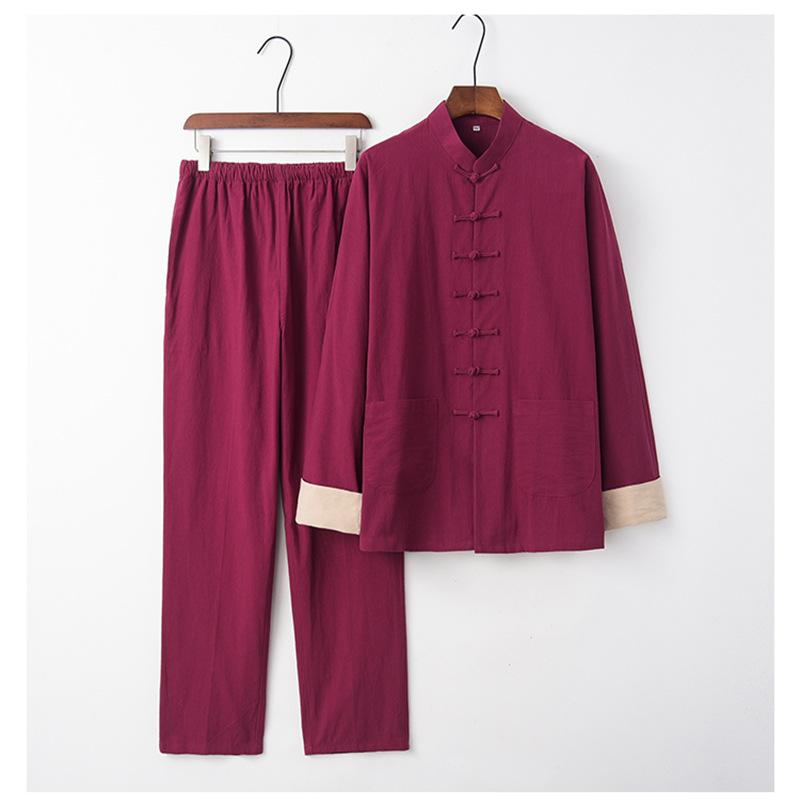 太極拳 ウェア メンズ 男性用 中高年 唐装 道士服風 綿麻 リネン セットアップ 上下セット 練習着 演舞服 ゆったり 通年