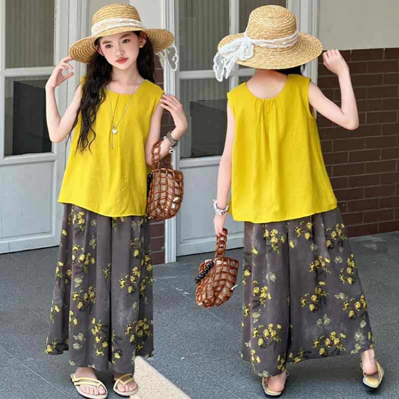 キッズ 女の子 セットアップ かわいい ノースリーブ シフォン 花柄 スカーチョ 薄手 夏物 韓国風 2点セット 綿素材 柔らか 普段着