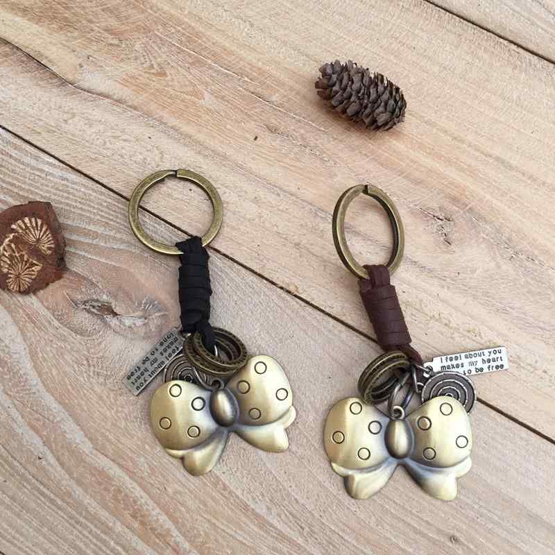 キーホルダー 男女兼用 牛革 本革 レザー 合金製 蝶モチーフ バタフライ チャーム 車用 鍵 バッグチャ..