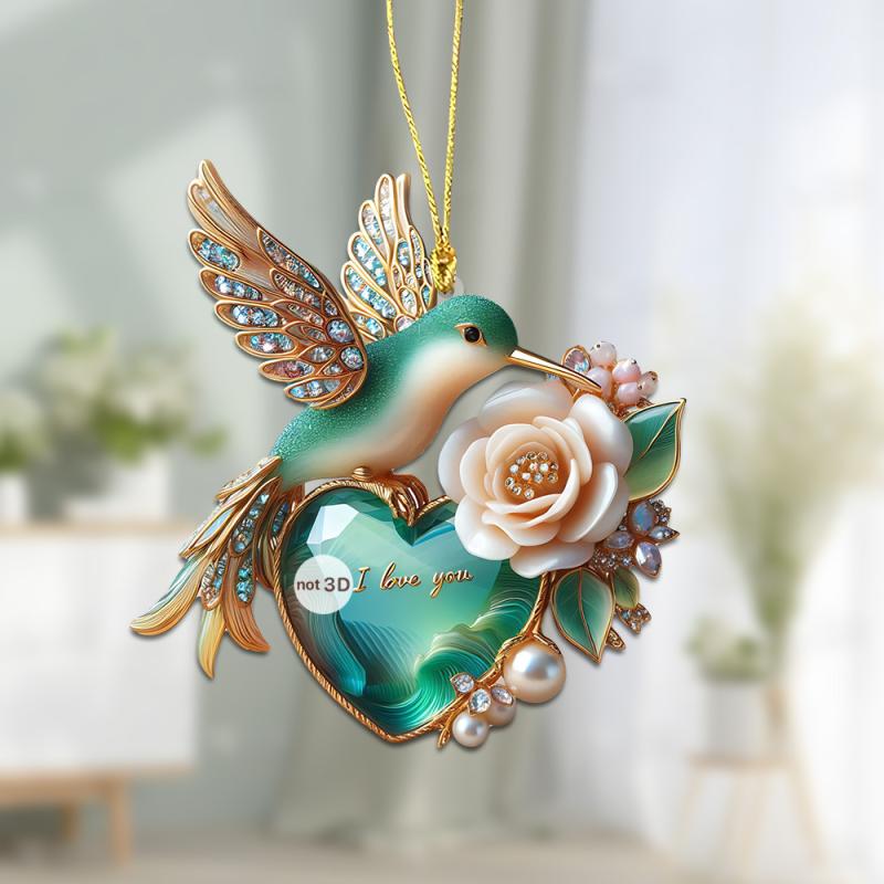キーホルダー バレンタインデー レトログリーン ハート 小鳥 2D平面 アクリル 車用 バッグチャーム ギフト プレゼント ミニチャーム アクセサリー(x2)