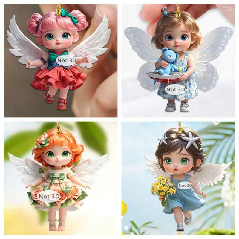 カーアクセサリー 車載用 ルームミラー 吊り下げ 飾り かわいい 天使 アクリル製 フラット レトロ デザイン 金糸 レインボーカラー 8cm オーナメント イ...