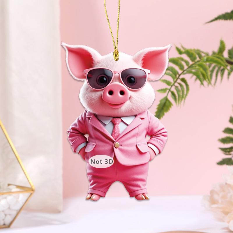 キーホルダー バッグチャーム 猪八戒 ブタ キャラクター マスコット サングラス 2D平面 アクリル レトロ ゴールドストラップ 車用 携帯ストラップ 虹色(x2)