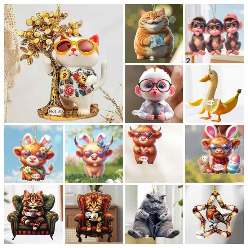 車用チャーム カートゥーン ミニ 小動物 2D平面 アクリル製 車内飾り ルームミラー用 かわいい クマ ウサギ アヒル レトロ おしゃれ ギフト(x2)