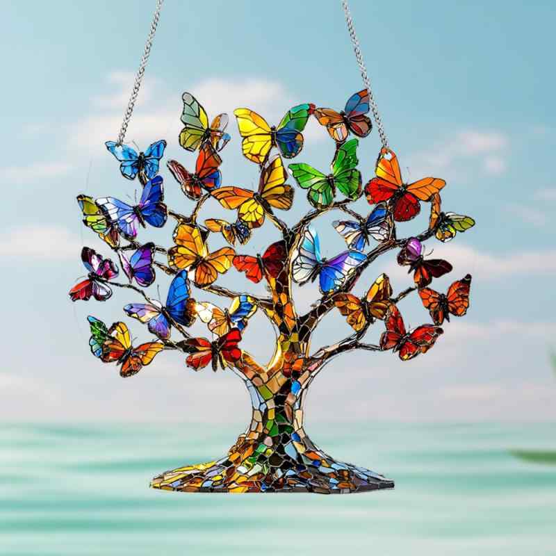 サンキャッチャー 2D 平面 カラフル アクリル レトロ バタフライ ツリー 円盤 吊り下げ 壁掛け 窓辺 飾り インテリア雑貨(x2)