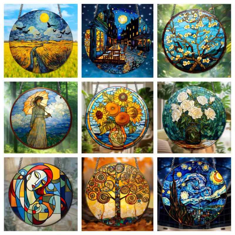 ウォールデコレーション 梵高名画シリーズ カラフル 丸型 アクリル レトロ調 チェーン 吊り下げ飾り 壁..