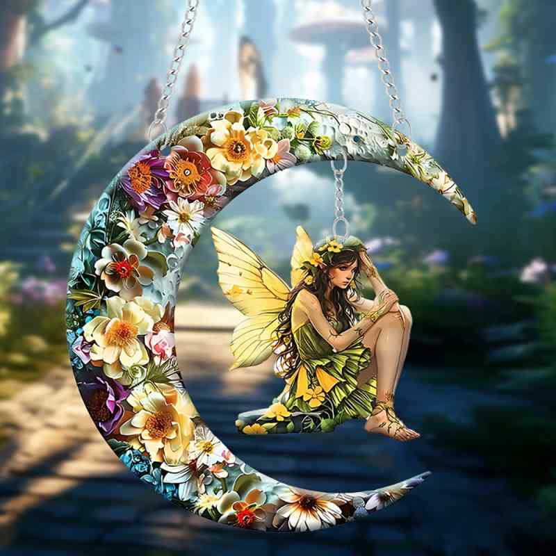 オーナメント 三日月 森の妖精 フェアリー アクリル カラフル レトロ インテリア 窓 ドア 玄関 車内 吊り下げ装飾(x2)