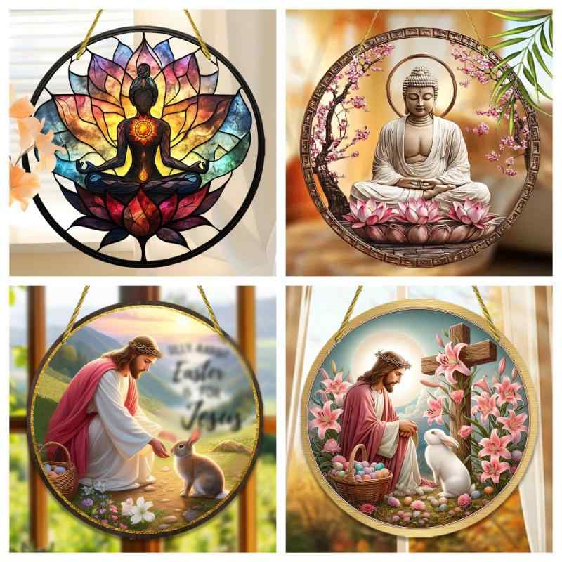 オーナメント 蓮 聖女 仏像 アクリル製 平面デザイン 祝日飾り ドア 窓 壁掛け 車内用 個性的 インテリアデコレーション 植物モチーフ エンジェル(x2)