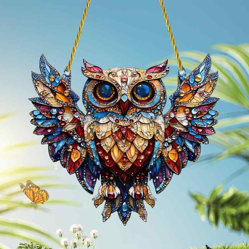 オーナメント フクロウ アクリル 平面 カラフル ステンドグラス風 ドア 窓 吊り下げ ウォールデコ イン..