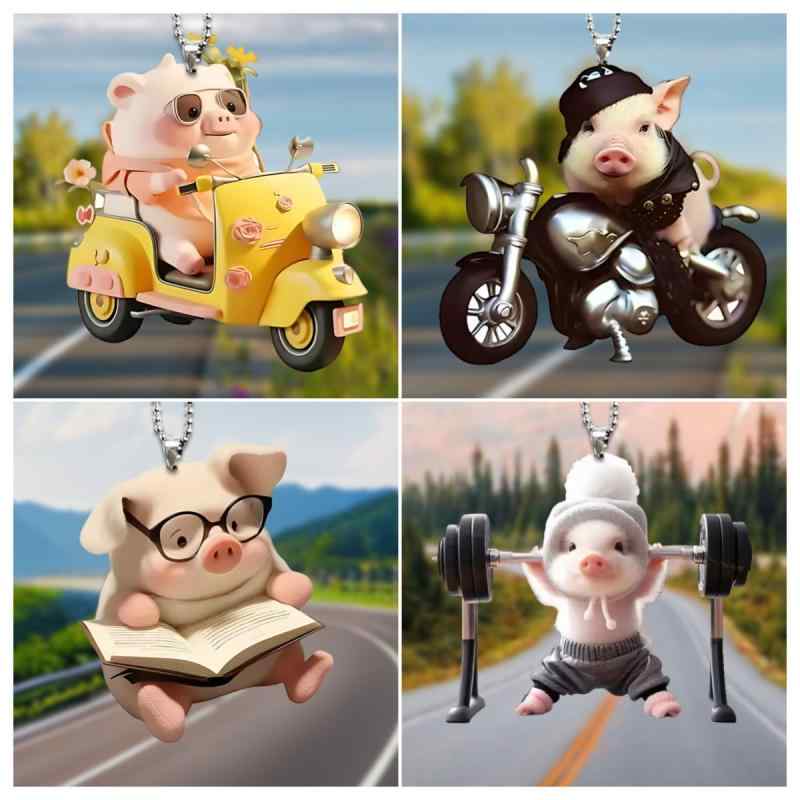 キーホルダー かわいい 小豚 自転車 アクリル製 マスコット バッグチャーム カーアクセサリー 車内装飾..