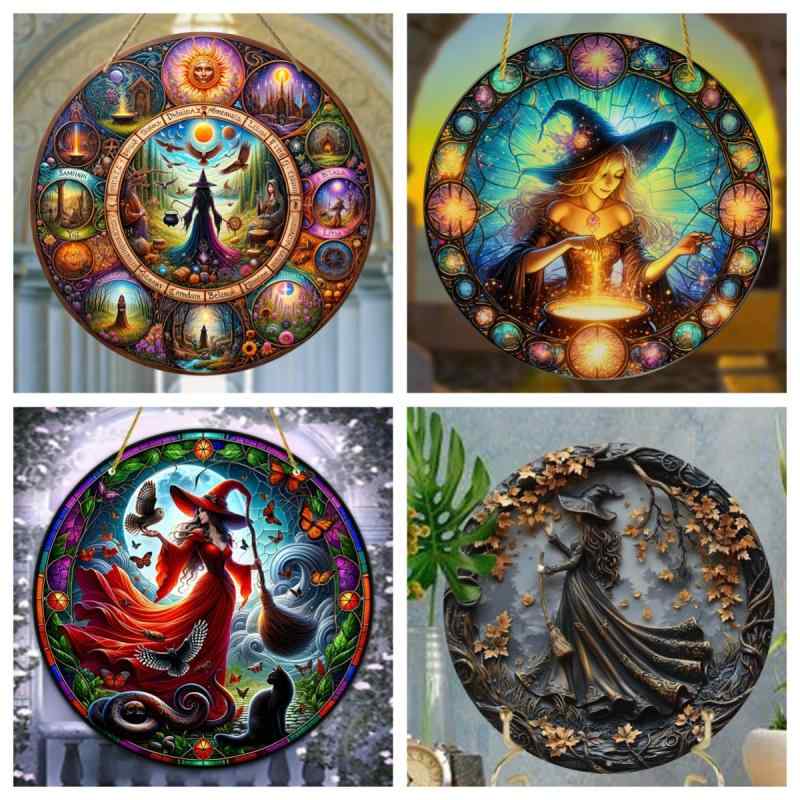 ハロウィン オーナメント 魔法使い 魔女 アクリル ディスク 魔法陣柄 窓 吊り下げ パーティー イベント デコレーション おしゃれ インテリア カラフル ゴールド紐(x2)