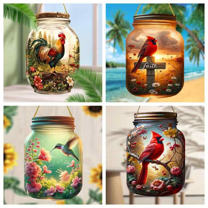 窓飾り 壁飾り アクリル 吊り下げ バードモチーフ ハチドリ ショウジョウコウカンチョウ 雄鶏 花柄 インテリア オーナメント 装飾品(x2)