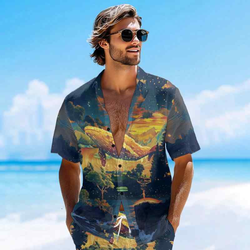 シャツ メンズ 男性用 ハワイアン ビーチリゾート オープンカラー 半袖 抽象柄 総柄プリント 薄手 ポリエステル 通気性 ルーズシルエット カジュアル 春夏(4)
