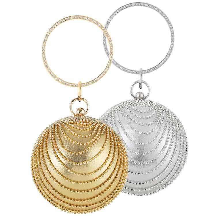 バッグ レディース 丸型 パーティーバッグ クラッチバッグ ハンドバッグ 手提げ鞄 ラインストーン ビジュー ゴールド シルバー 金属製 スマートフォン収納 硬め 結婚式 二次会 宴会 フォーマル