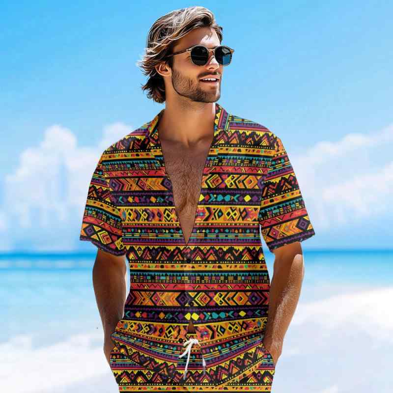 シャツ メンズ 男性用 開襟シャツ ハワイアン リゾート風 部族柄 プリント 半袖 ルーズフィット カジュ..