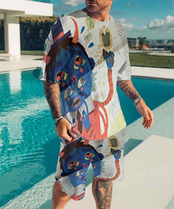 セットアップ メンズ Tシャツ ショートパンツ 上下セット クルーネック 半袖 大きいサイズ 薄手 3Dプリント 抽象柄 モンスター柄 ポリエステル カジュアル スポーツ 部屋着 春夏