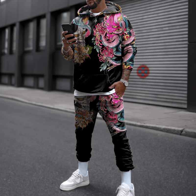 パーカー セットアップ 男女兼用 スカル 神話柄 3Dデジタルプリント フード付き 長袖 上下セット ストリート カジュアル ペアルック ポリエステル ポリウレタン 伸縮性