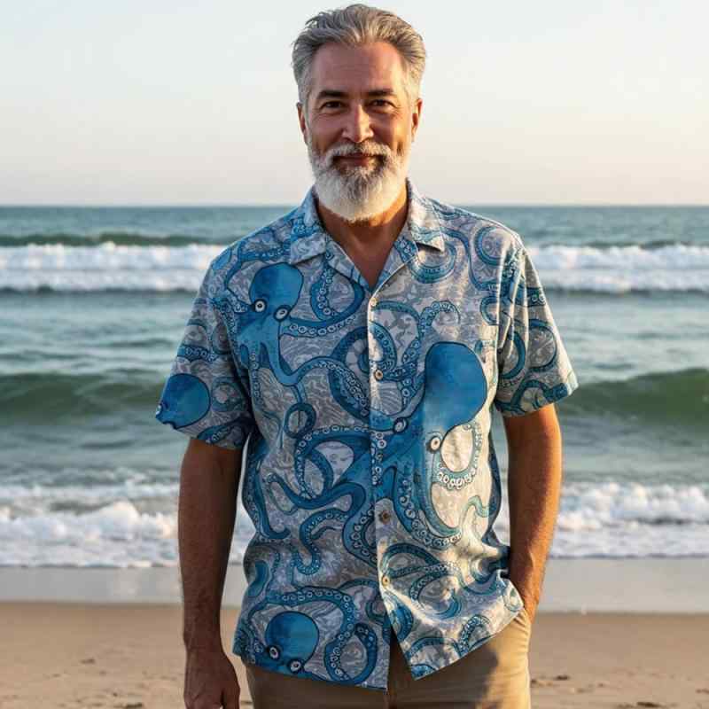 シャツ メンズ 半袖 アロハシャツ 開襟シャツ レトロ 和風 蛸柄 3Dプリント ポリエステル 抗菌 伸縮性 ..