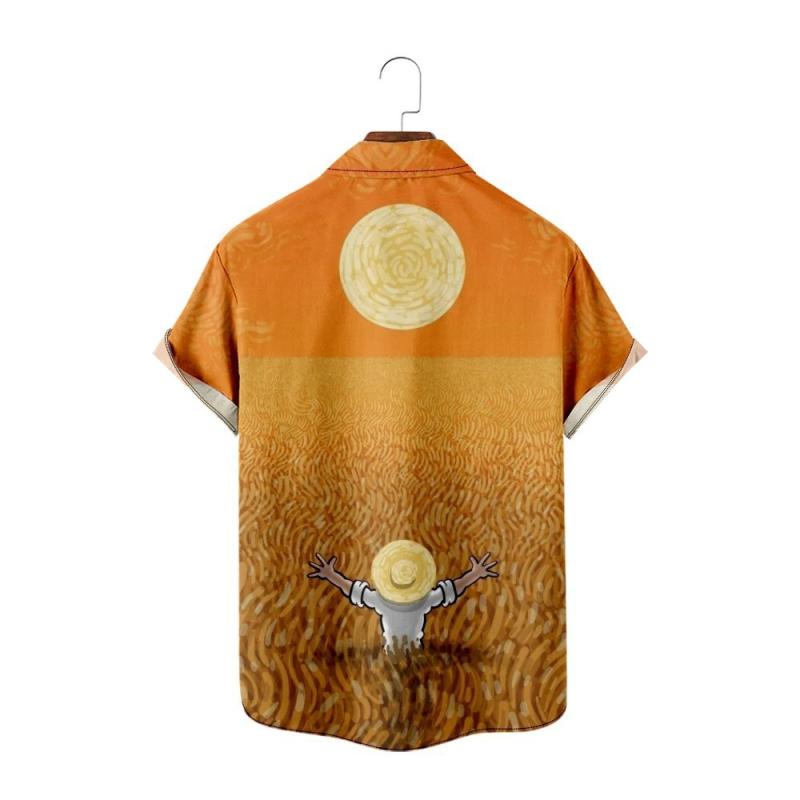 シャツ メンズ 半袖 ゆったり ルーズフィット 抽象画風 油絵 田園風景柄 シンプル 快適 デイリー ポリ..