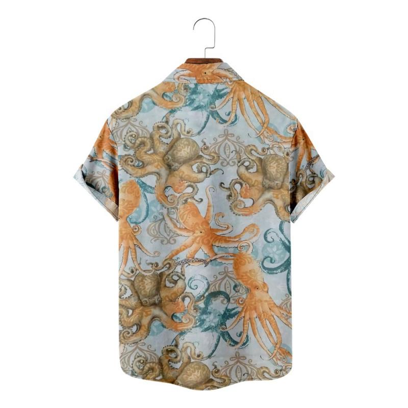 アロハシャツ メンズ タコ柄 プリント カジュアル 半袖 開襟 ゆったり ポリエステル 春夏 ビーチ リゾ..