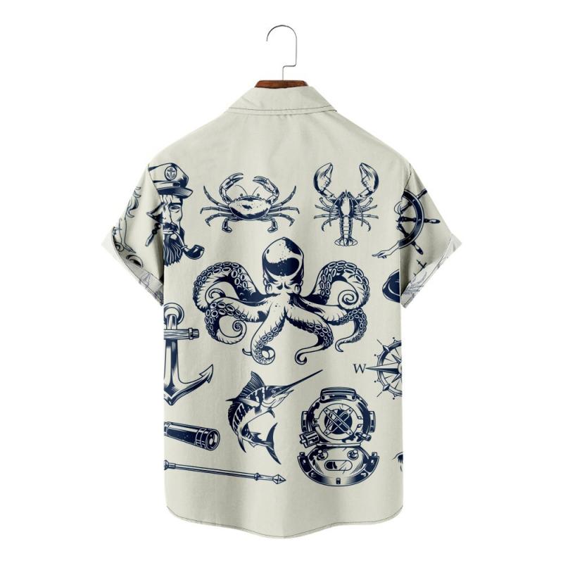 シャツ メンズ 男性用 開襟シャツ オープンカラーシャツ 半袖 レトロ マリン オクトパス柄 タコ柄 総柄..