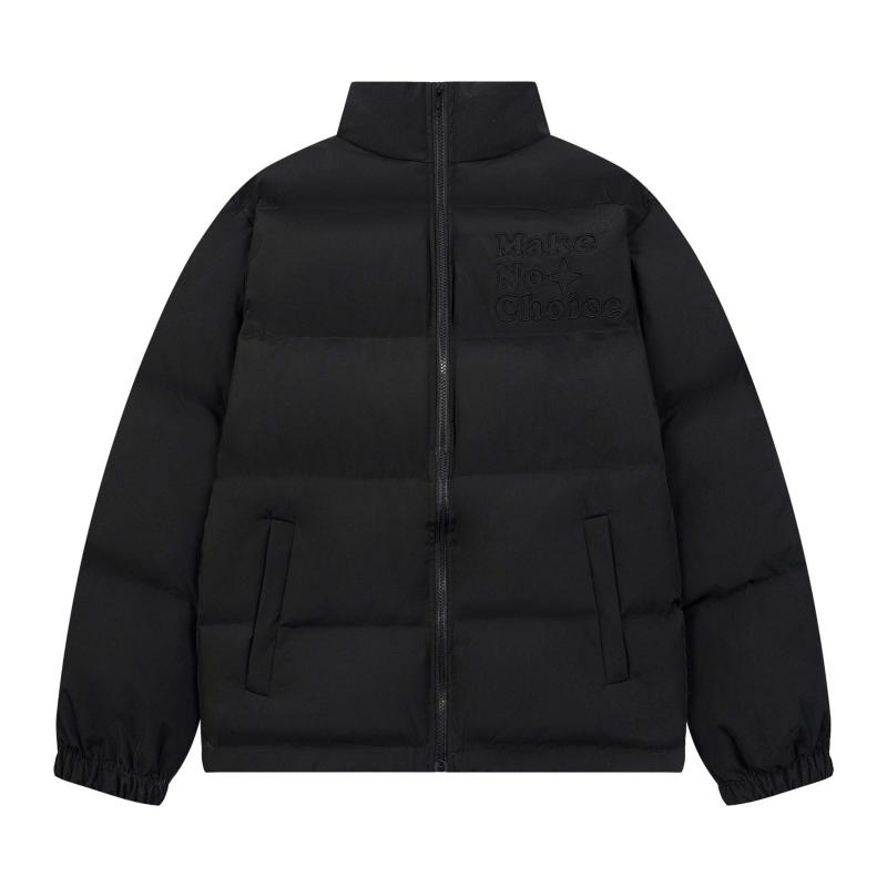 中綿ジャケット 男女兼用 ユニセックス ストリート系 アップリケ ロゴ刺繍 厚手 オーバーサイズ ルーズシルエット スタンドカラー 防寒 保温 あったか ミドル丈 ポリエステル 秋冬 カジュアル 黒 ブラウン ベージュ