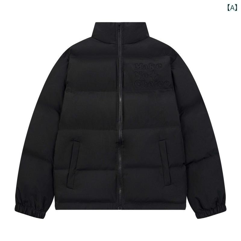 中綿ジャケット 男女兼用 ユニセックス ストリート系 アップリケ ロゴ刺繍 厚手 オーバーサイズ ルーズシルエット スタンドカラー 防寒 保温 あったか ミドル丈 ポリエステル 秋冬 カジュアル 黒 ブラウン ベージュ