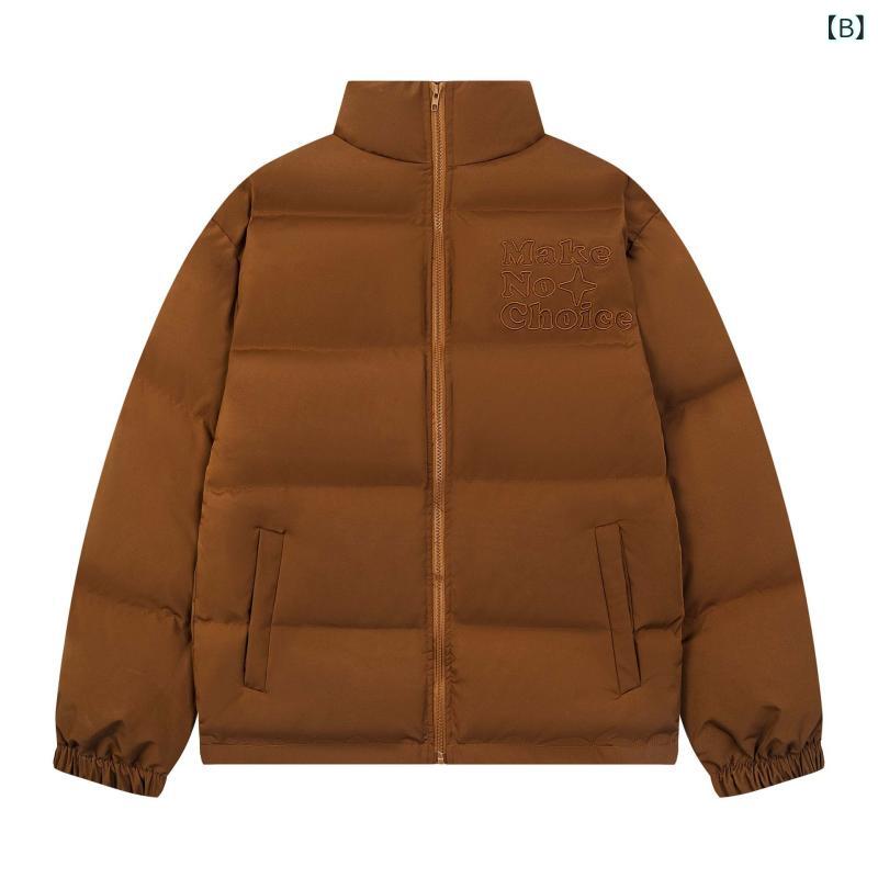 中綿ジャケット 男女兼用 ユニセックス ストリート系 アップリケ ロゴ刺繍 厚手 オーバーサイズ ルーズシルエット スタンドカラー 防寒 保温 あったか ミドル丈 ポリエステル 秋冬 カジュアル 黒 ブラウン ベージュ