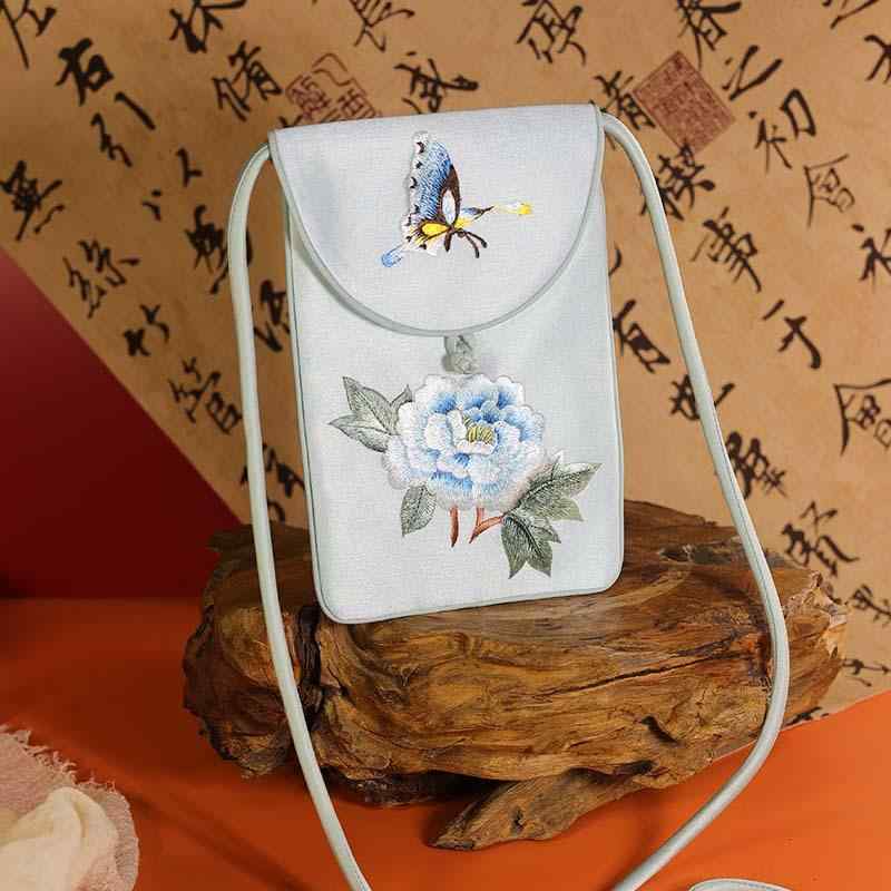スマホポーチ レディース 蘇州刺繍 中国風 刺繡 錦織り ミニ ショルダーバッグ 斜め掛け 縦型 コンパクト 牡丹柄 お出かけ カジュアル ミントブルー ピンク パープル(4)