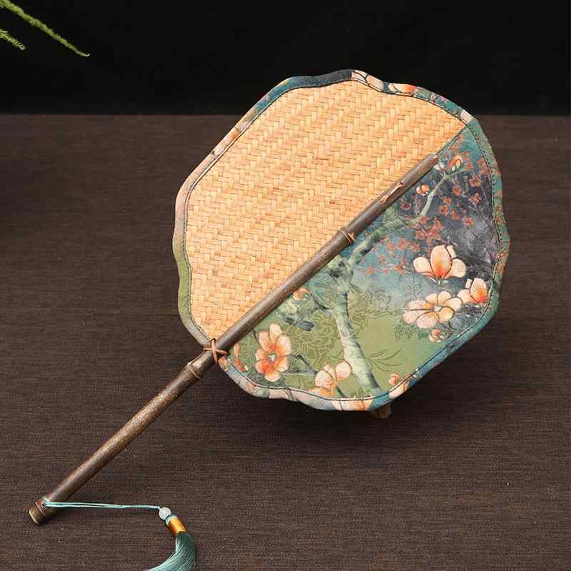 うちわ 扇 紫竹 竹編み 手作り サテン 刺繍 大型 団扇 レトロ 和風 新古典 厚手 宣紙扇 飾り 鑑賞用 イ..