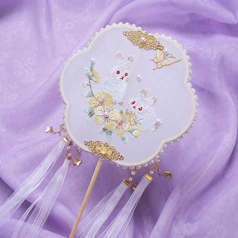 うちわ 団扇 キッズ 女の子 女性用 古風 新古典風 刺繡 花柄 丸型 宮廷扇 舞台用 撮影小物 ダンス用 長..