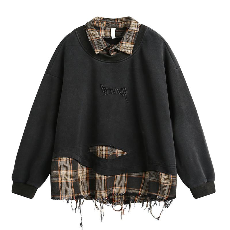 スウェット メンズ 春物 ストリート系 ダメージ加工 フリンジ フェイクレイヤード 襟付き チェック柄裏地 ビッグシルエット ルーズフィット コットン ポリエステル混紡 グレー ブラック