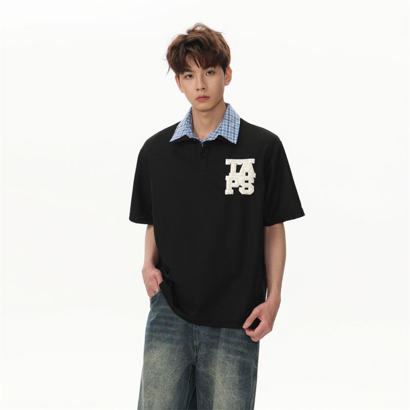 ポロシャツ メンズ 春夏 ビッグシルエット ゆったり 半袖 パール調ロゴ バイカラー チェック柄 刺繍 デ..