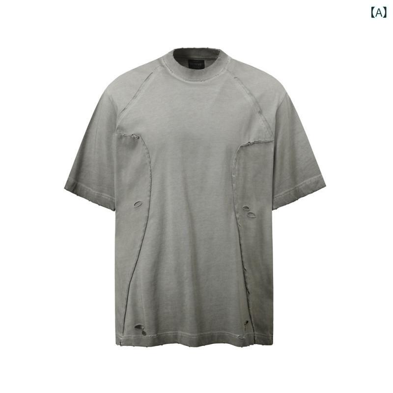 Tシャツ メンズ 半袖 オーバーサイズ ダメージ 切り替え スプレー染色 ダーティ ヴィンテージ ウォッシュ コットン クルーネック ストリート カジュアル 夏 グレー カーキ