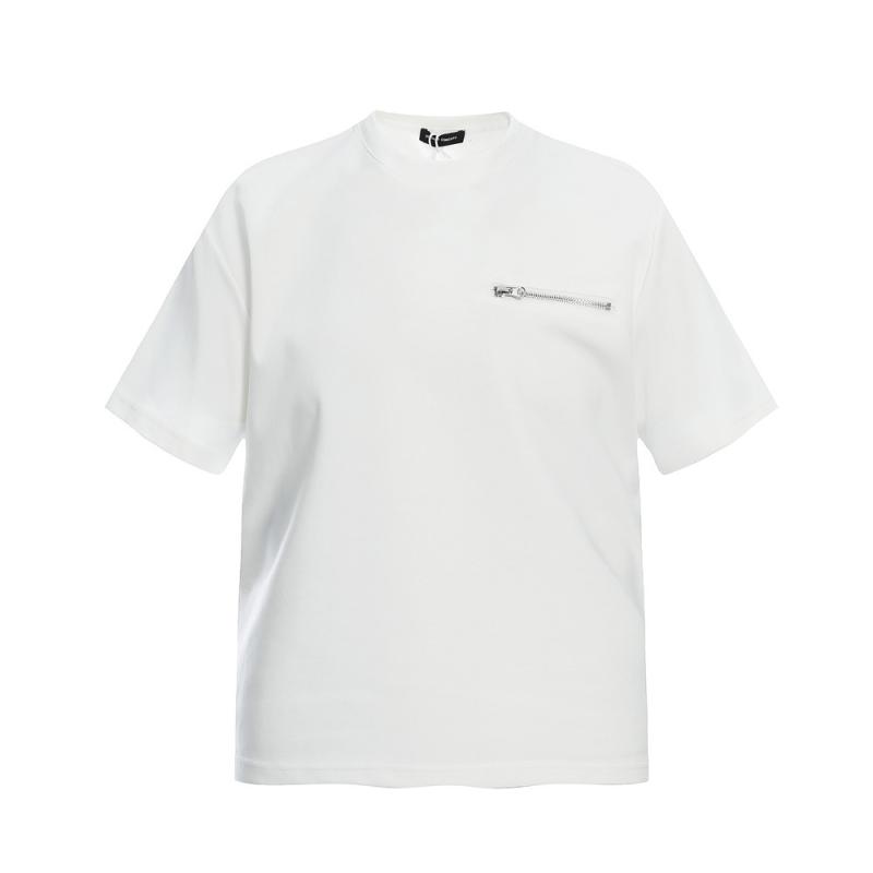 Tシャツ メンズ 半袖 クルーネック 無地 シンプル ゆったり ルーズフィット カジュアル メタルジップ デザイン アクセント 綿混 コットン 通気性 サマー トップス