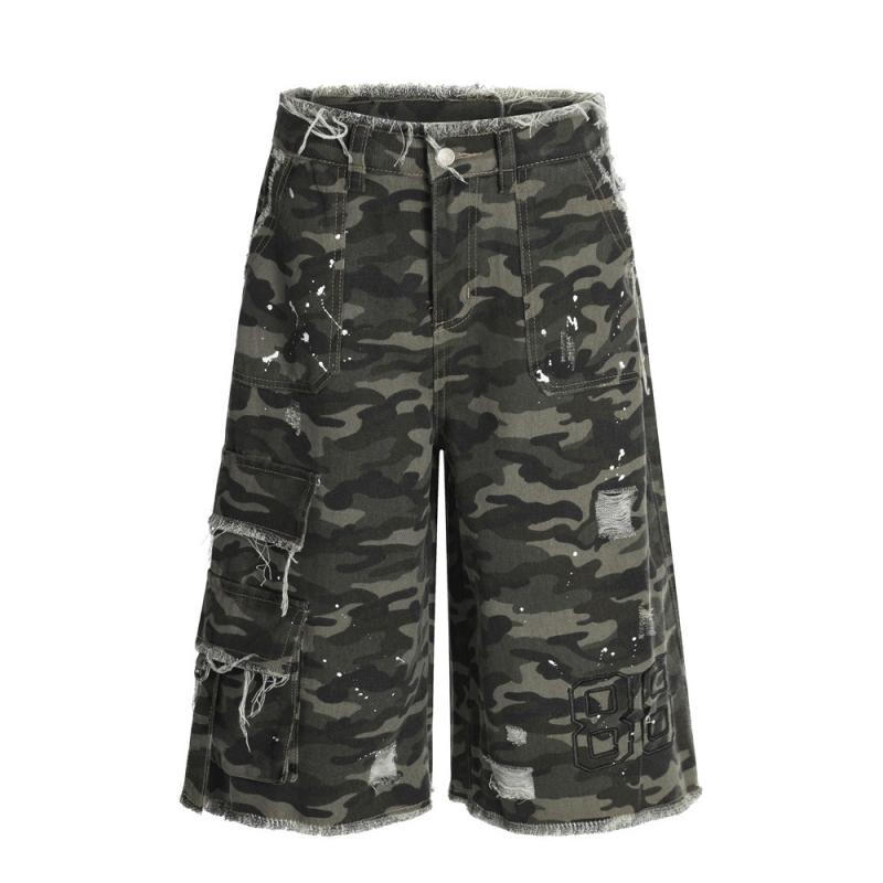 ハーフパンツ メンズ 迷彩 ワーク デニム 五分丈 ストリート デザイン ペイント加工 フリンジ ヒゲ加工 ルーズ ワイド カジュアル コットン ウォッシュ加工 夏