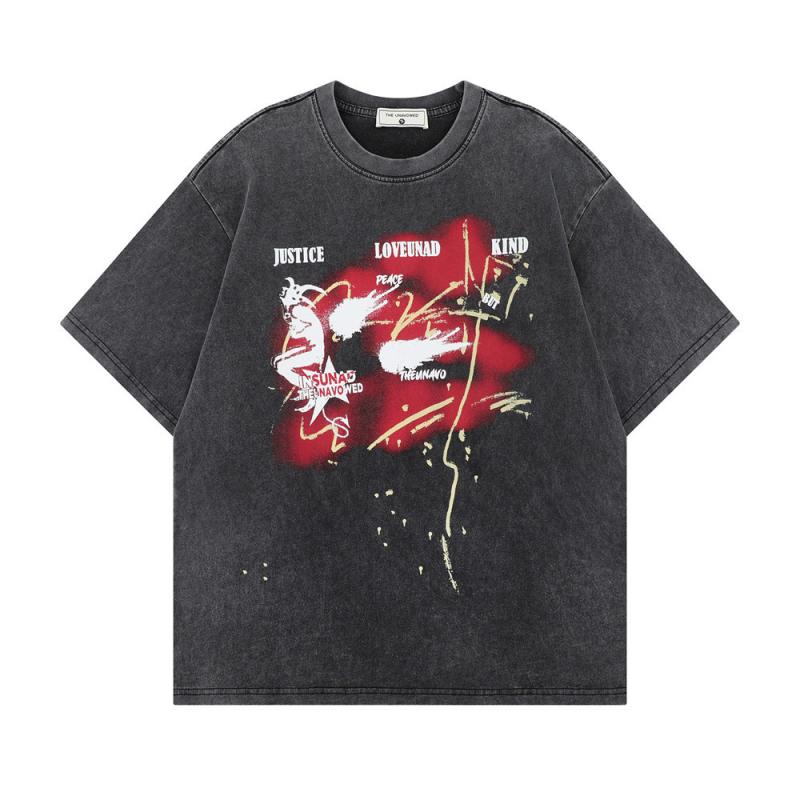 Tシャツ メンズ 半袖 抽象 グラフィックプリント ウォッシュ加工 コットン100% ストリート アメカジ ビッグシルエット クルーネック 夏 カジュアルトップス ウォッシュブラック グリーン