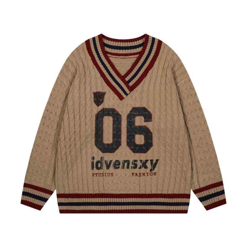 ニット ユニセックス Vネック プルオーバー ケーブル編み プリント 長袖 ゆったり アクリル ストレッチ..