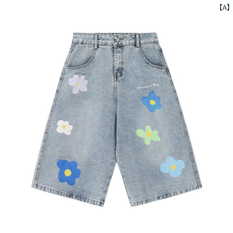 デニムハーフパンツ メンズ デザイン 花柄プリント ヴィンテージ加工 ウォッシュ加工 ゆったり ワイド ストレート カジュアル ストリートファッション 夏 ブルー