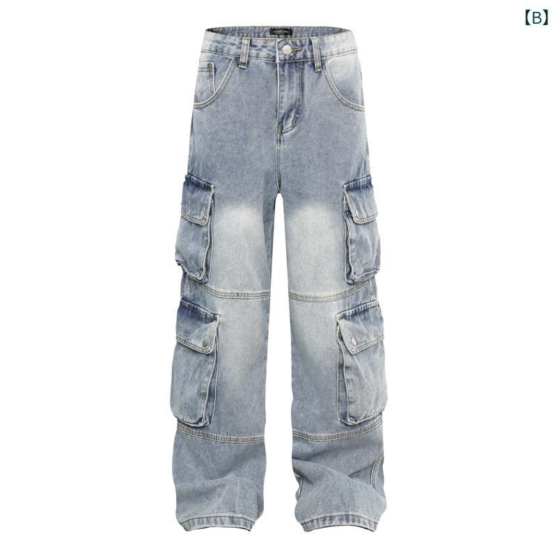デニム カーゴパンツ ユニセックス 男女兼用 アメカジ ハイストリート ウォッシュ加工 ユーズド加工 マルチポケット ルーズフィット ワイドシルエット ストレートレッグ コットン フルレングス 春夏 カジュアル 普段使い