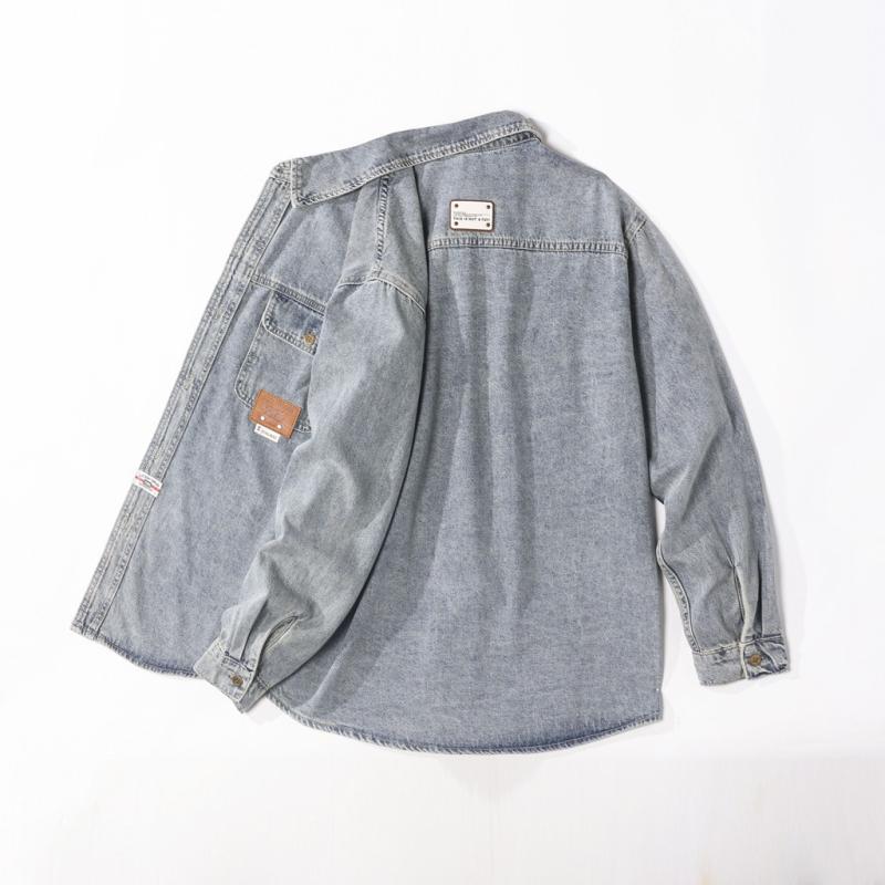 シャツ メンズ デニム 長袖 ゆったり ルーズ 無地 綿 ウォッシャブル ヴィンテージ加工 アメリカン ストリート クール ジャケット アウター 普段使い 春秋 ライトブルー