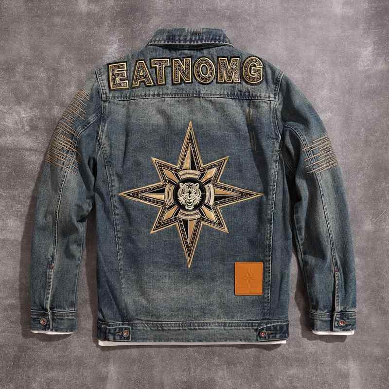 デニムジャケット メンズ 男性用 アウター 高級感 刺繍 バイカースタイル 薄手 シングルブレスト 襟付き オーバーサイズ ルーズフィット 耐摩耗性 ブリティッシュスタイル おしゃれ カジュアル 普段使い ブルー 春秋