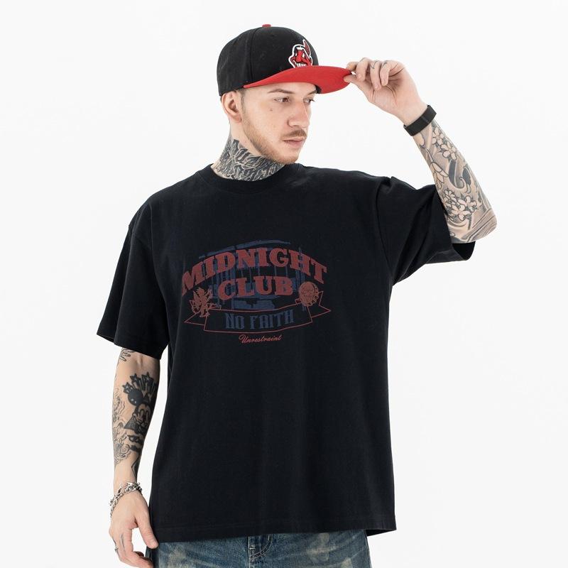 Tシャツ メンズ ストリート系 英字プリント シンプル ゆったり ビッグシルエット 半袖 クルーネック 綿100% ドロップショルダー カジュアル 春夏 ブラック ホワイト