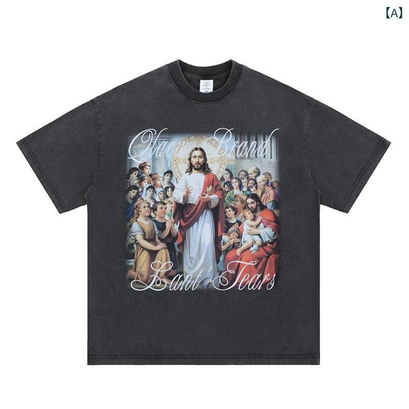 Tシャツ メンズ 男性用 半袖 クルーネック アメリカン ストリート ヴィンテージ風 ゆったり ビッグシルエット カジュアル トップス 春夏 ブラック コットン