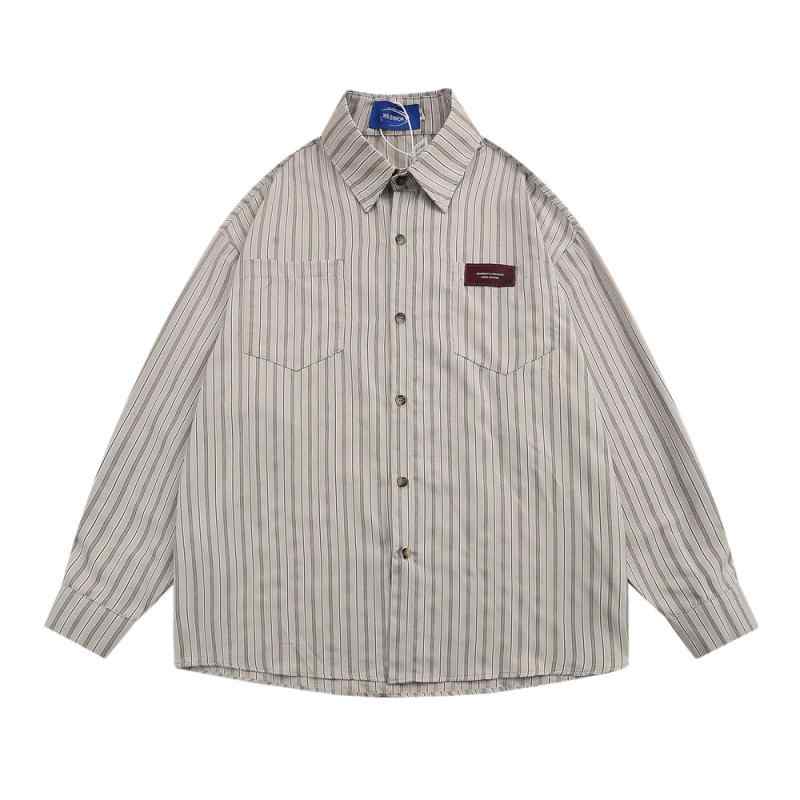 シャツ メンズ 長袖 縦ストライプ柄 襟付き カジュアル ストリート アメカジ ビッグシルエット ルーズフィット レトロ ヴィンテージ ポリエステル シワになりにくい 羽織り ライトアウター ポケット付き 春秋