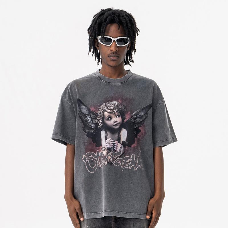 Tシャツ メンズ 男性 春夏 ストリート系 アメカジ ダークエンジェル 子供 プリント クルーネック 丸首 半袖 綿 コットン ゆったり カジュアル ブラック