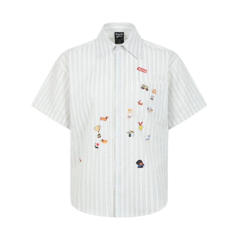 シャツ メンズ 半袖 襟付き ゆったり オーバーサイズ カジュアル 縦ストライプ キャラクター プリント 個性的 デザイン 白 綿混 ポリエステル 夏 普段使い