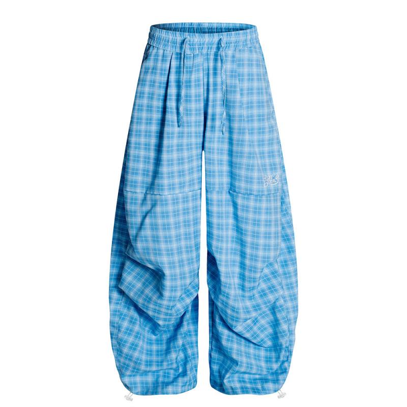 カジュアルパンツ メンズ 男性用 チェック柄 カーブデザイン プリーツ 個性的なドレープ感 ルーズフィット ワイド ストレート ロングパンツ アメリカンカジュアル ストリートファッション