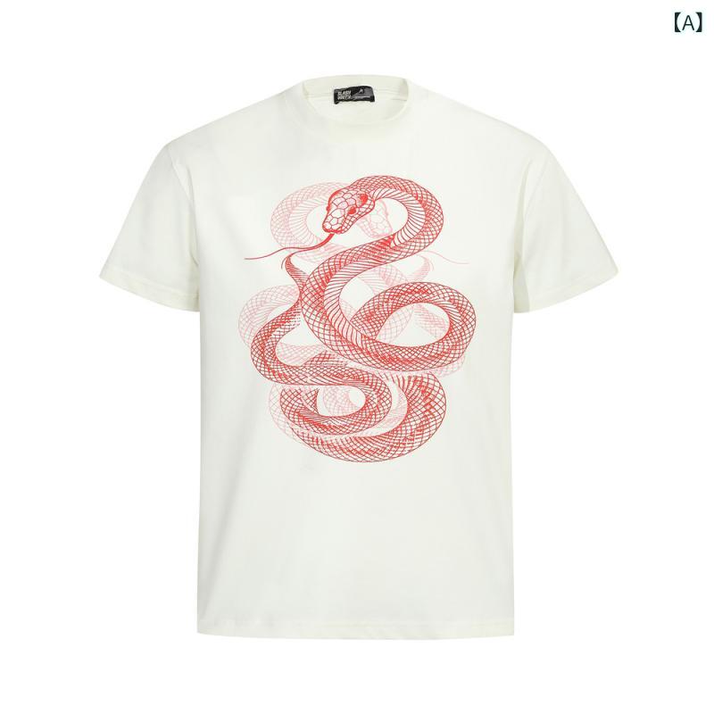 Tシャツ メンズ 男性用 蛇柄 スネーク柄 アニマルプリント 半袖 クルーネック 丸首 スリムフィット ストリート カジュアル コットン 綿 通気性 春夏 普段使い レジャー オフホワイト ブラック