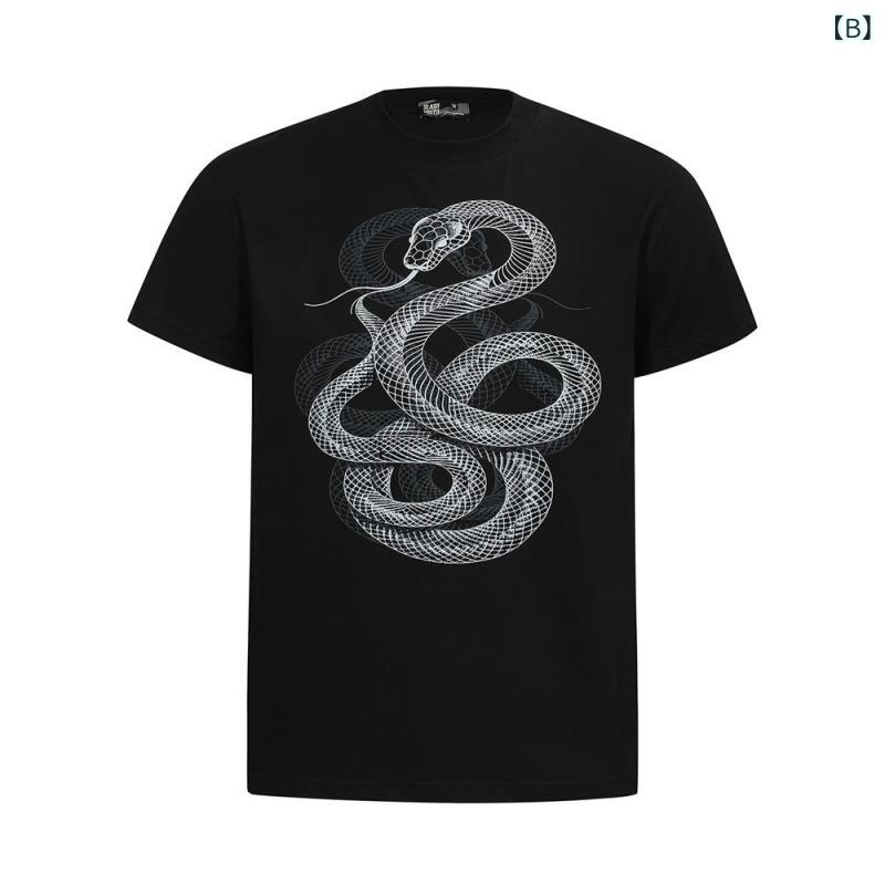 Tシャツ メンズ 男性用 蛇柄 スネーク柄 アニマルプリント 半袖 クルーネック 丸首 スリムフィット ストリート カジュアル コットン 綿 通気性 春夏 普段使い レジャー オフホワイト ブラック