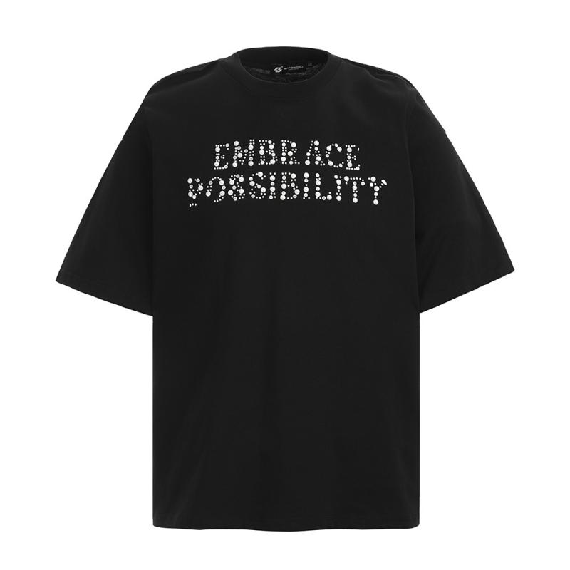Tシャツ メンズ 五分袖 クルーネック ゆったり オーバーサイズ アルファベット ビーズ装飾 コットン 綿100% ストリート ファッション 春夏